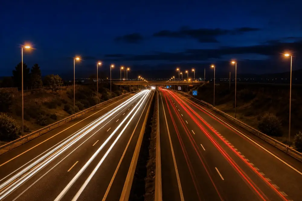 Autovía de noche con las luces traseras de los vehículos dibujando líneas rojas