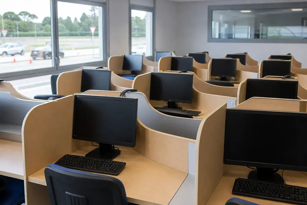 Puesto de examen teórico con un ordenador en una sala