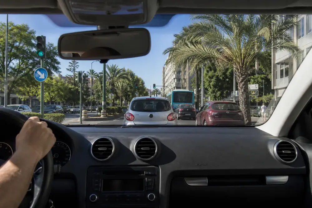Avenida con palmeras y el semáforo en verde