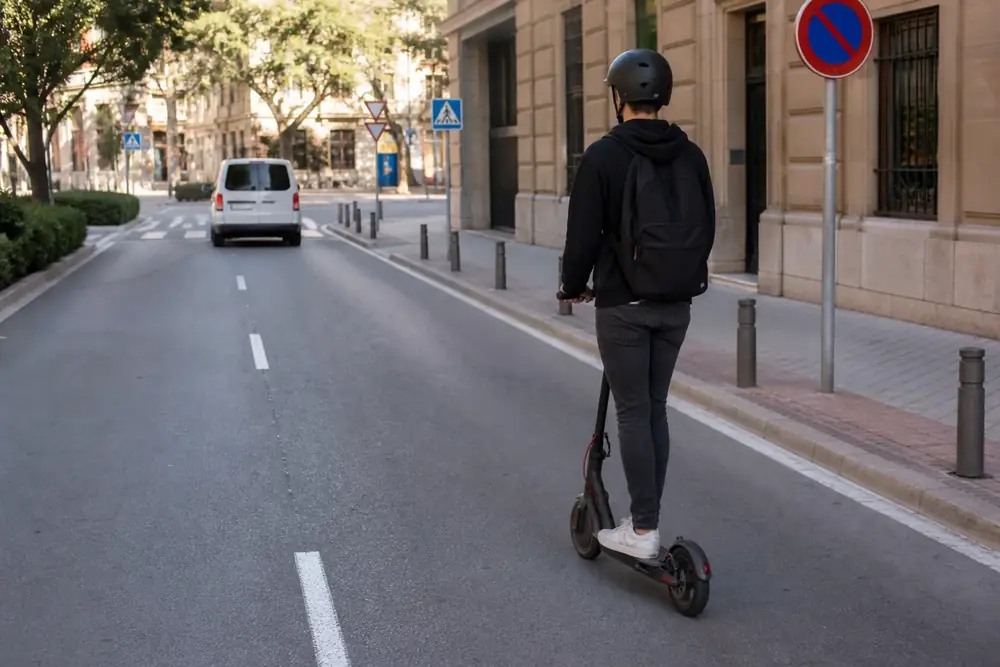 Patinete eléctrico circulando por la calzada de una calle urbana