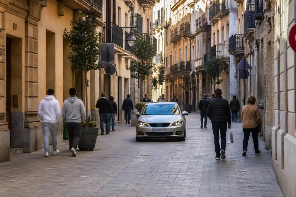 Calle peatonal de plataforma única, sin bordillo entre acera y calzada